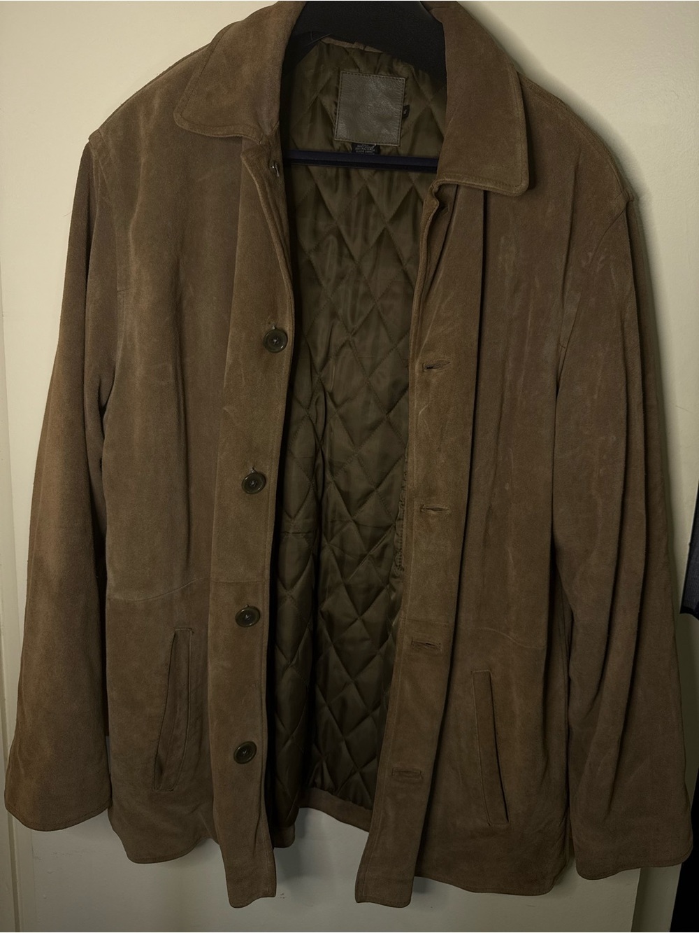 J Crew Jacket XL Y2K 90s Suede Leather Quilted Lined Tan Button Up Coat